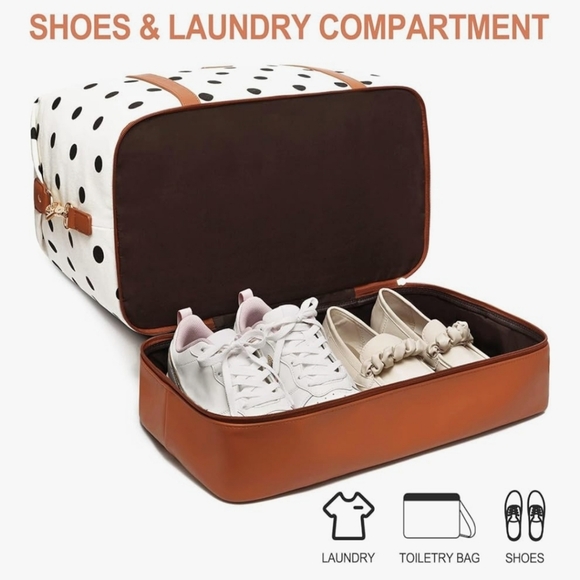 NWT Polka Dot Weekend Travel Bag Set in White & Brown - Picture 5 of 7